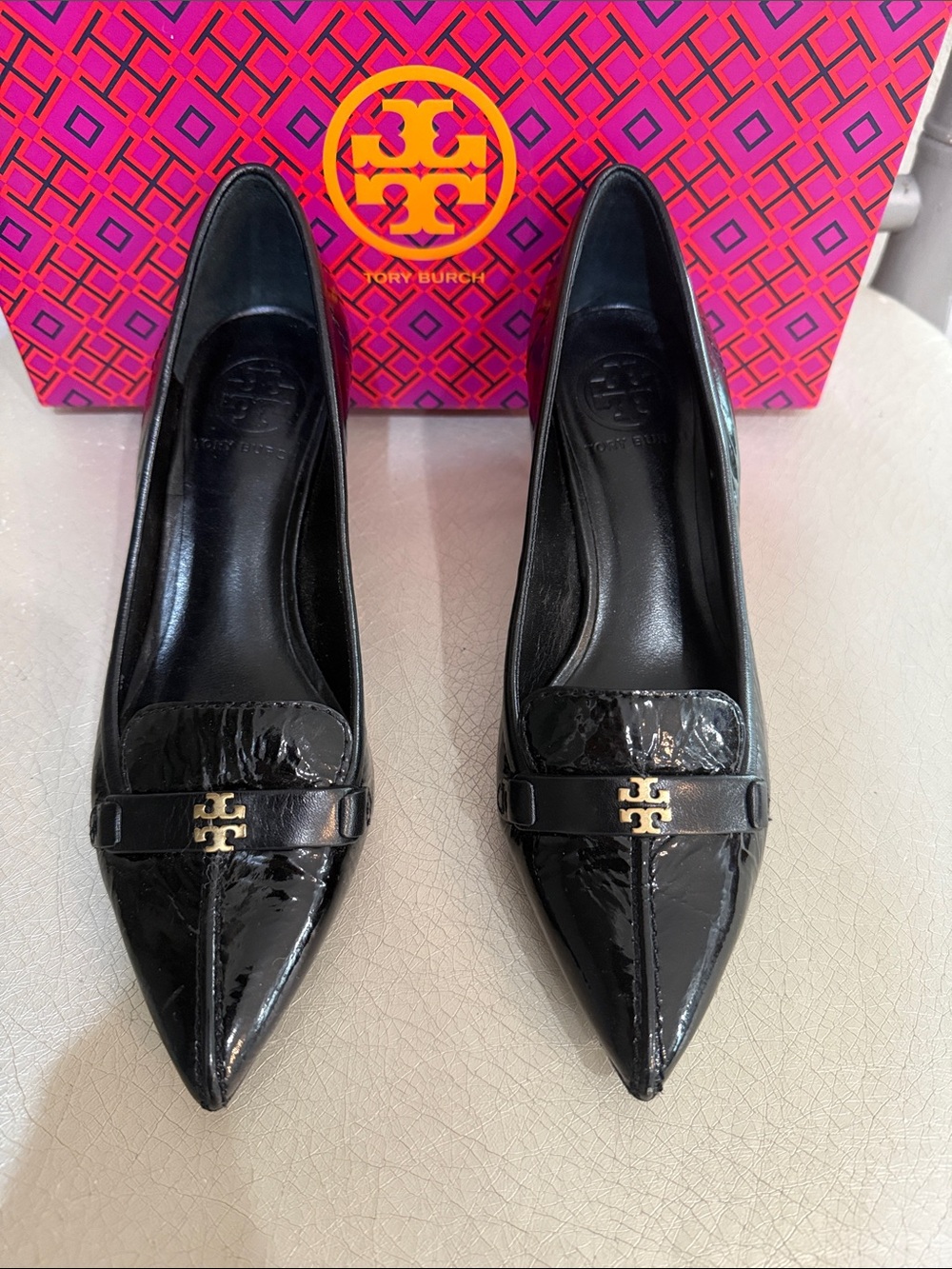 Tory Burch Black Patent Pointed Toe Pumps with Gold Logo